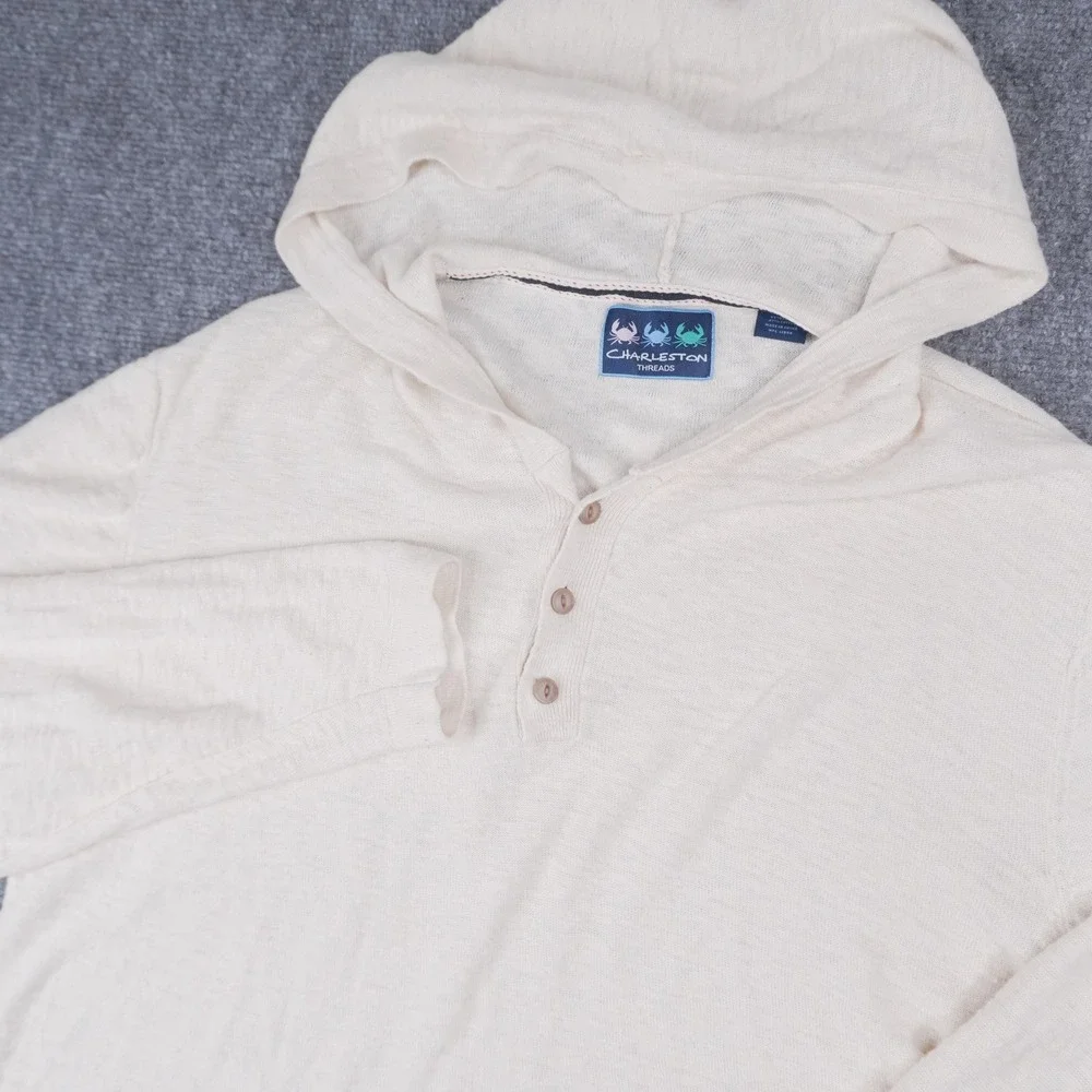 Charleston Threads Henley Hoodie Men Large Cream Linen Cotton Blend Knit Sweater